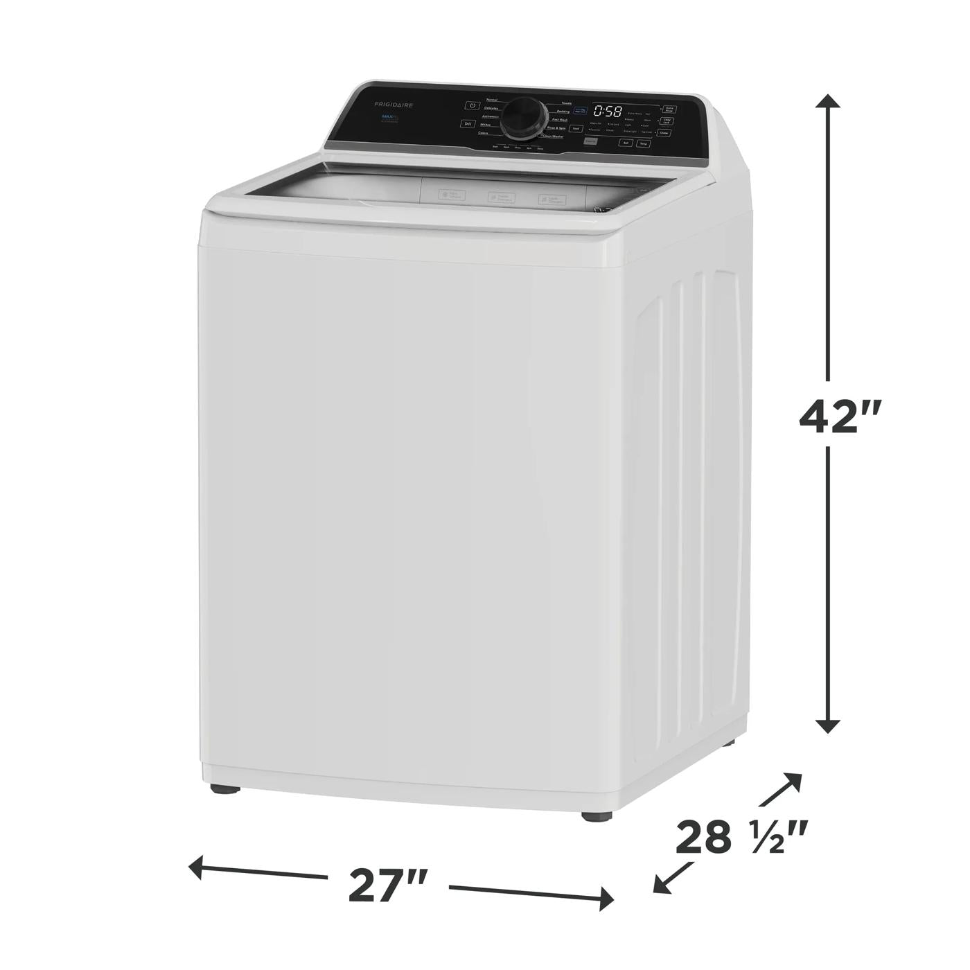 White top load washer with black control panel and digital display, shown with product dimensions in inches