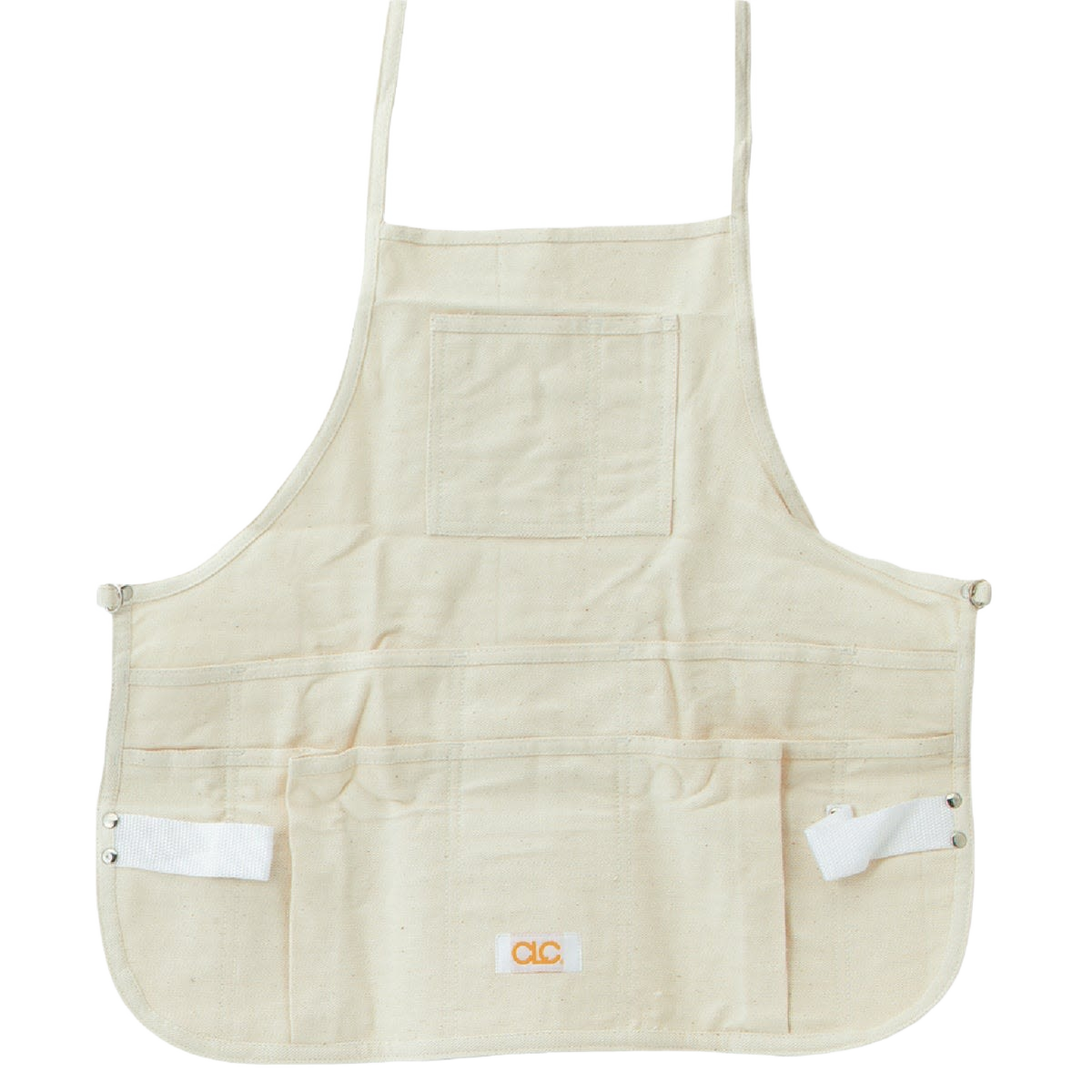 Durable natural cotton canvas apron with multiple pockets for tools in woodworking and workshop organization collections
