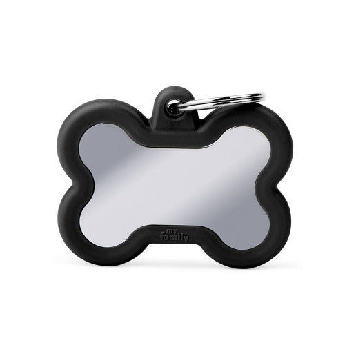 MyFamily Hushtag Big Black Chrome-Plated Brass Bone Pet Tag with Black Rubber