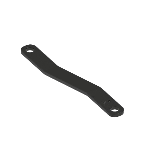 Black metal bracket with two mounting holes designed for home improvement and tool applications