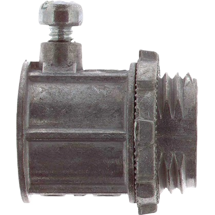 Metal conduit connector with set screw for secure electrical tubing connections in home improvement projects.