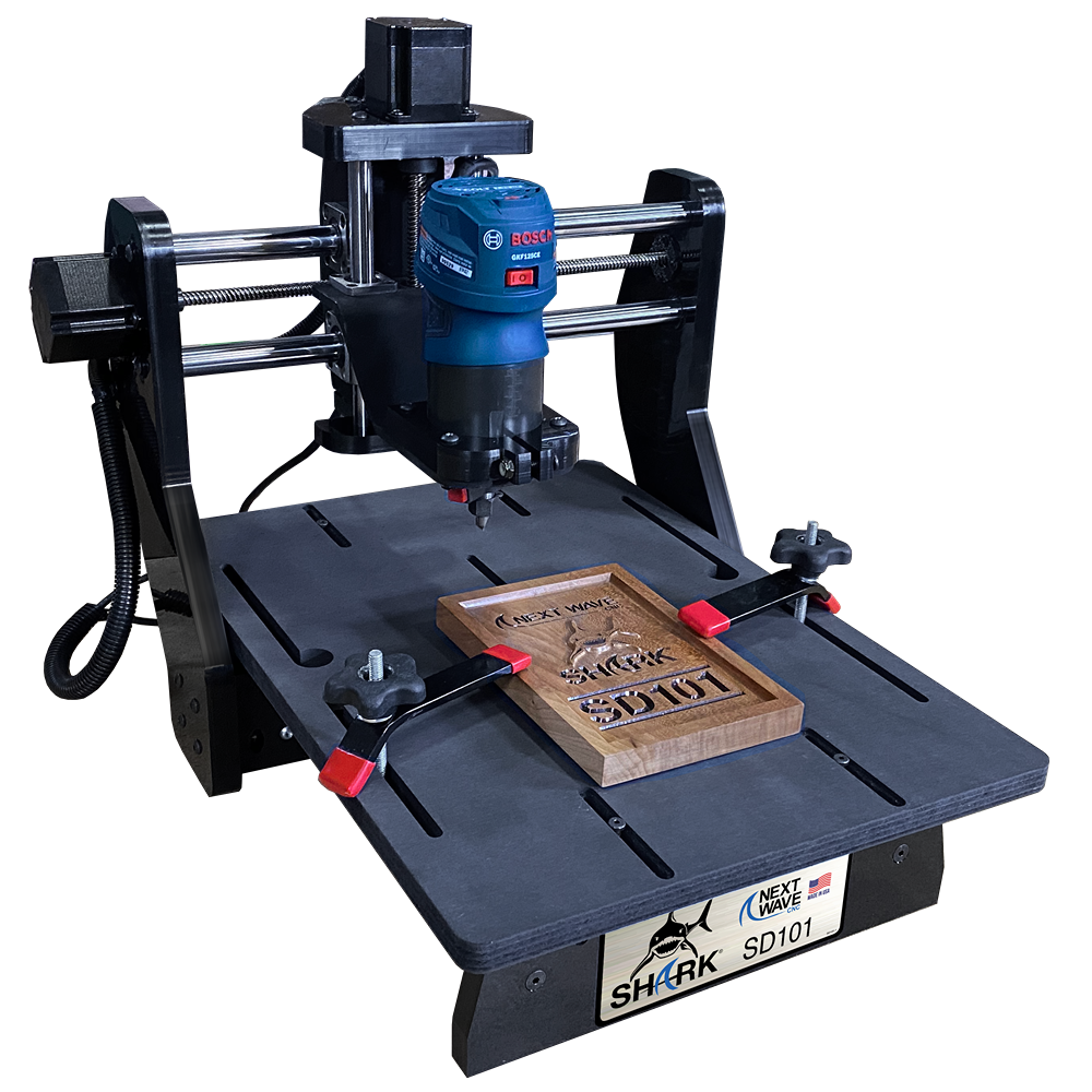 Desktop CNC machine with blue Bosch spindle and sturdy black frame, engraving wood for home improvement projects