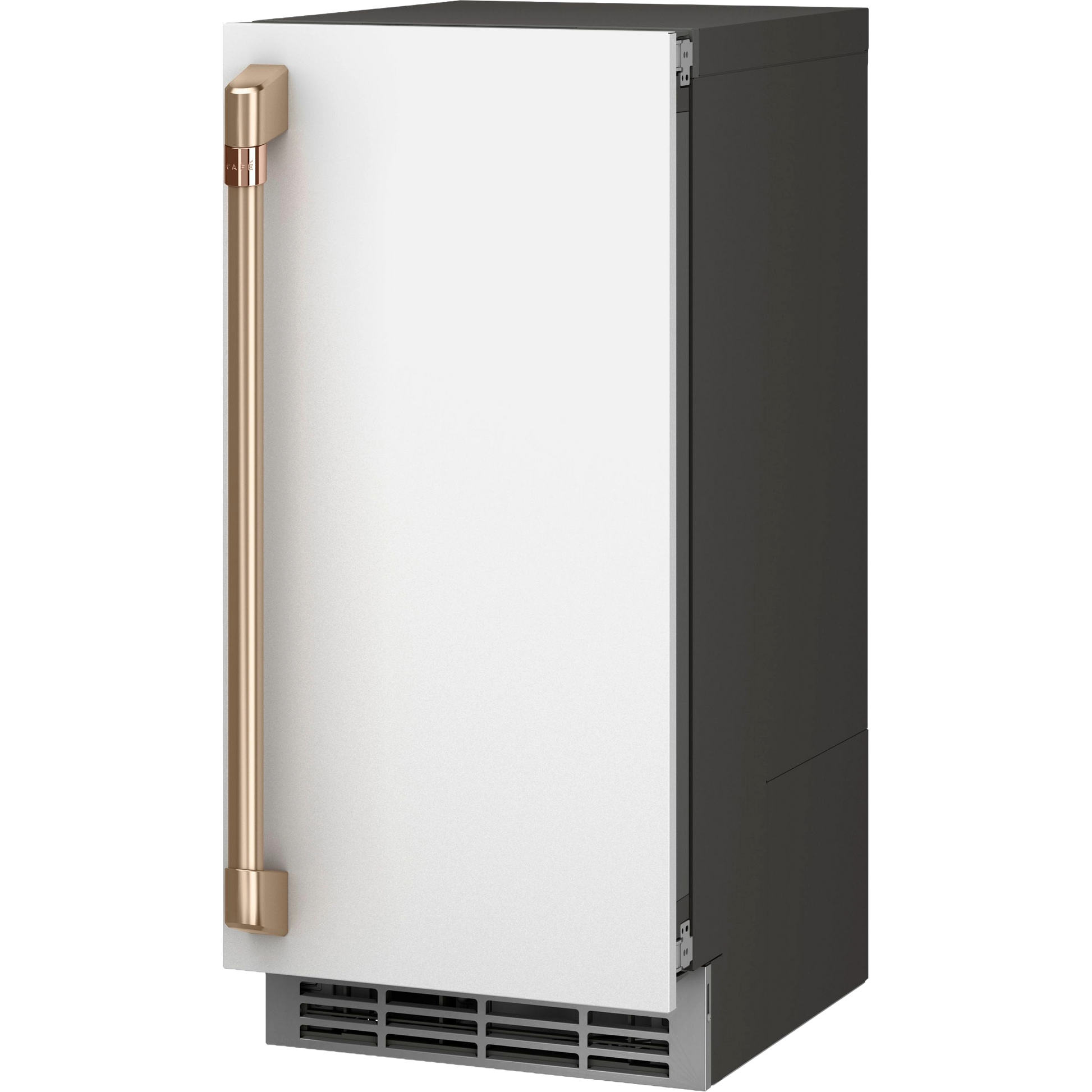 White ice maker door with brushed gold handle and bottom vent grille for refrigerator appliance installation