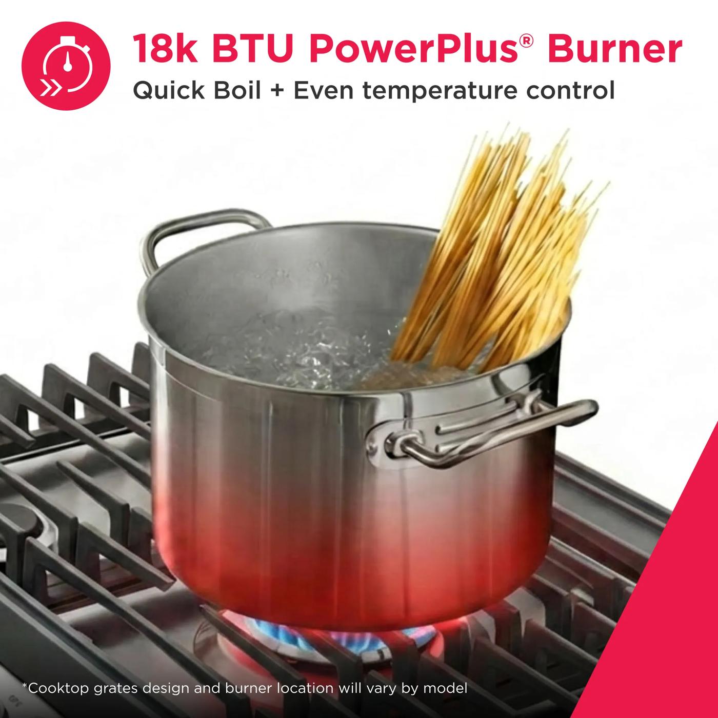Boiling pasta in stainless steel pot on gas cooktop featuring 18k BTU burner for quick boil and even heat