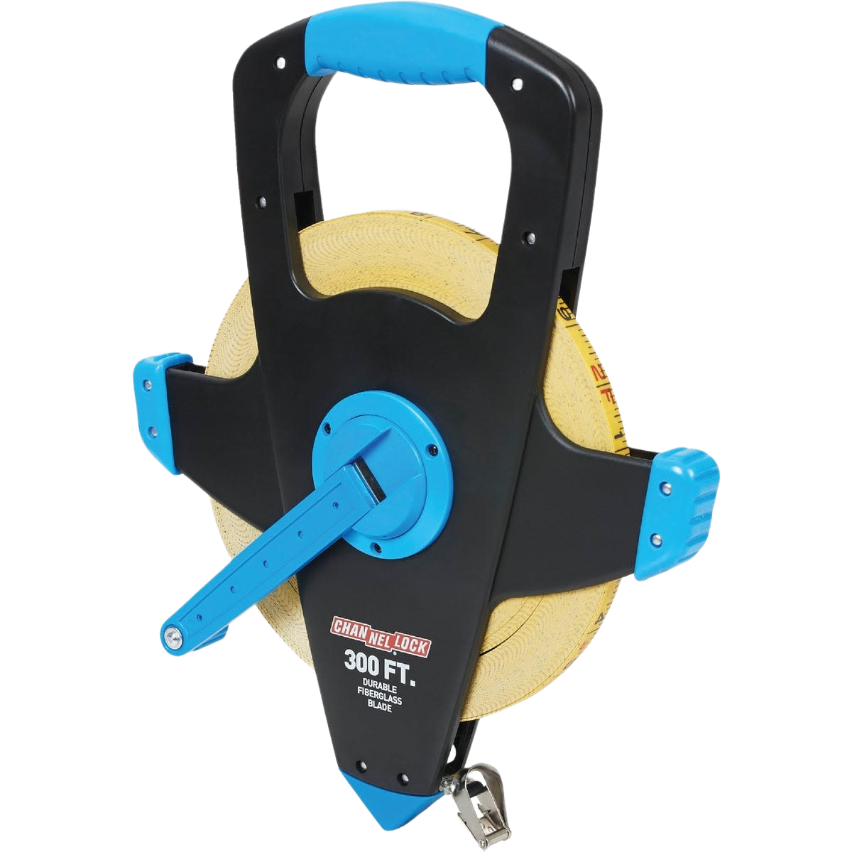 Open reel fiberglass measuring tape with blue handle and crank, durable tool for woodworking and home improvement tasks