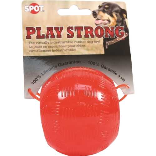 Red rubber dog toy ball with textured surface designed for durability and strong play sessions