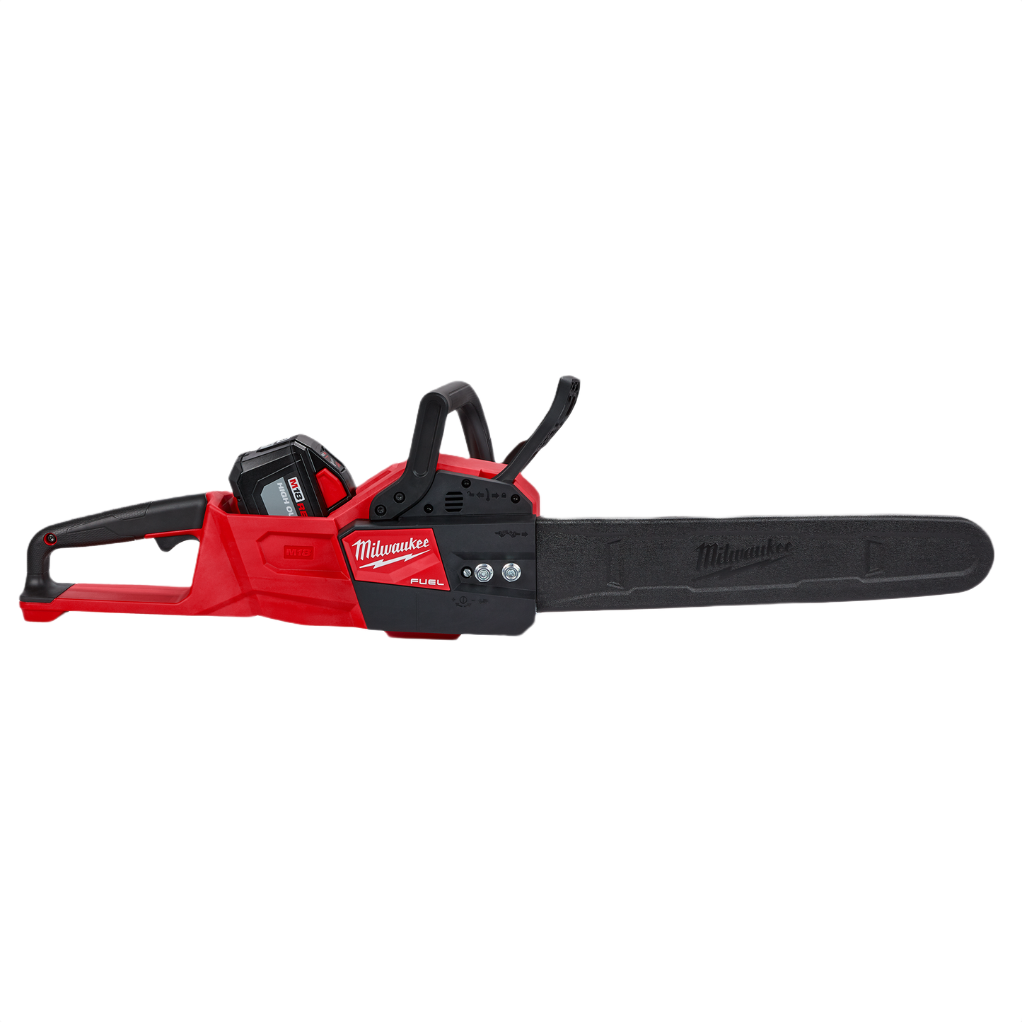 Red and black Milwaukee M18 FUEL 16-inch cordless chainsaw with battery and protective bar cover in power tools collection