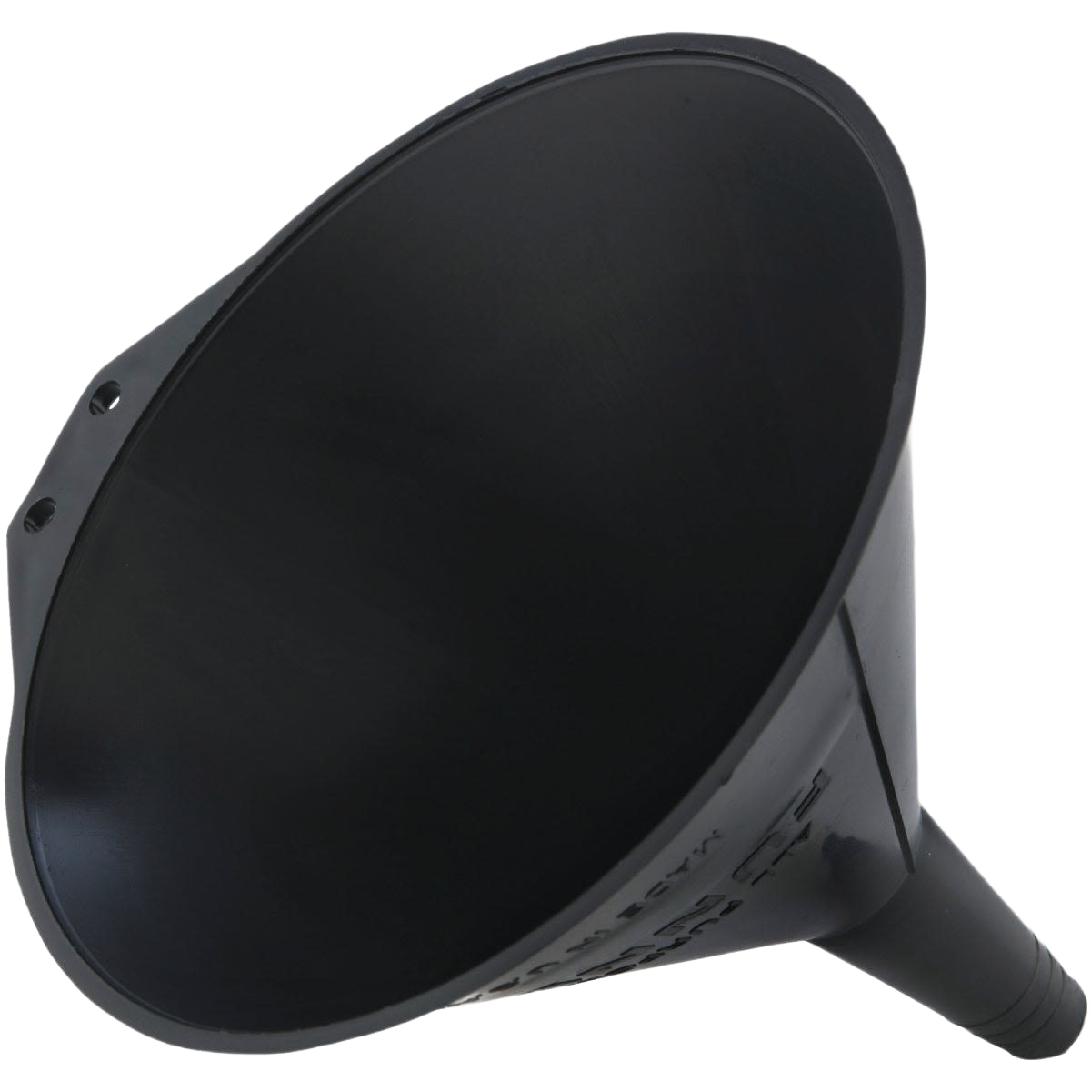 Black plastic all-purpose funnel with wide mouth and narrow spout for home improvement and tools projects