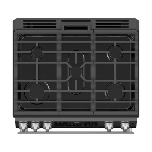 Top view of black glass gas cooktop with five burners and stainless steel control knobs in kitchen appliances collection