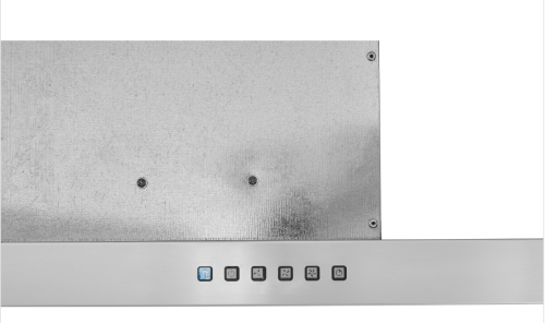 stainless steel slide-out range hood control panel with illuminated power button in kitchen appliances collection