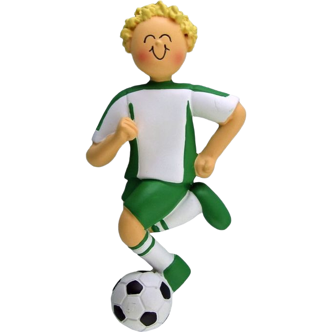 Blonde boy figurine in green and white soccer uniform kicking ball for Christmas Ornaments & Tree Decorations collection