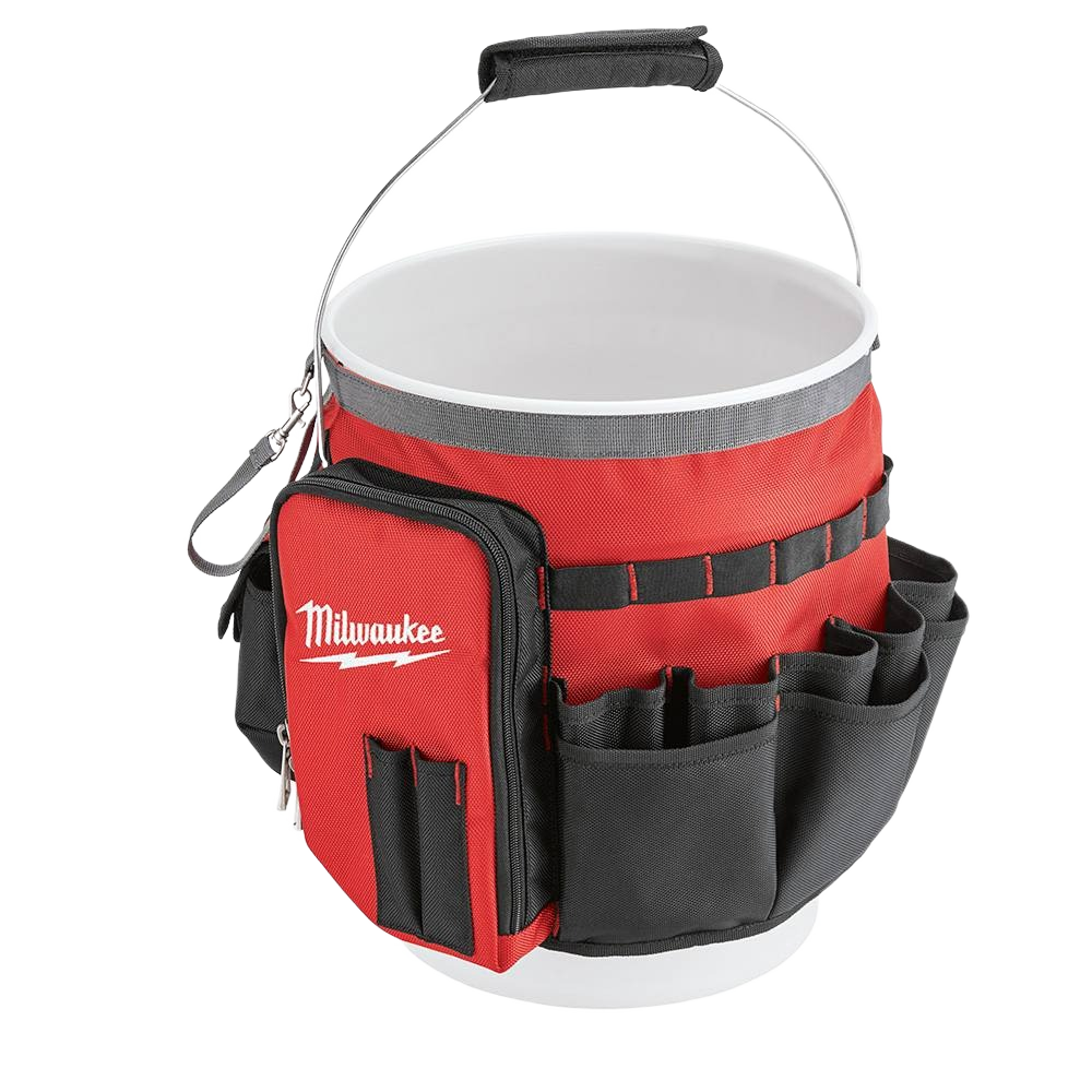 Red and black Milwaukee bucket wrap with multiple exterior pockets for tool storage and jobsite organization