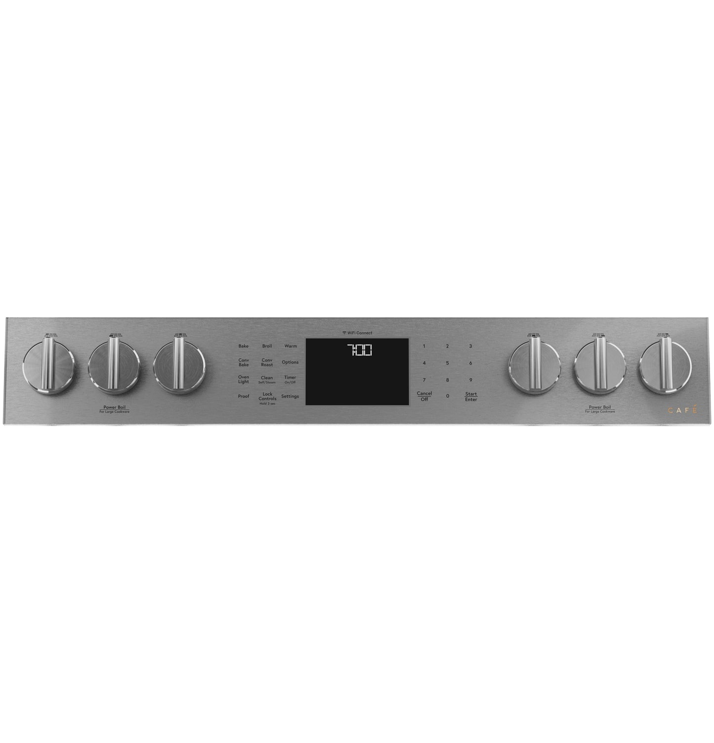 Stainless steel control panel with six knobs and digital display for smart gas range from kitchen appliances collection
