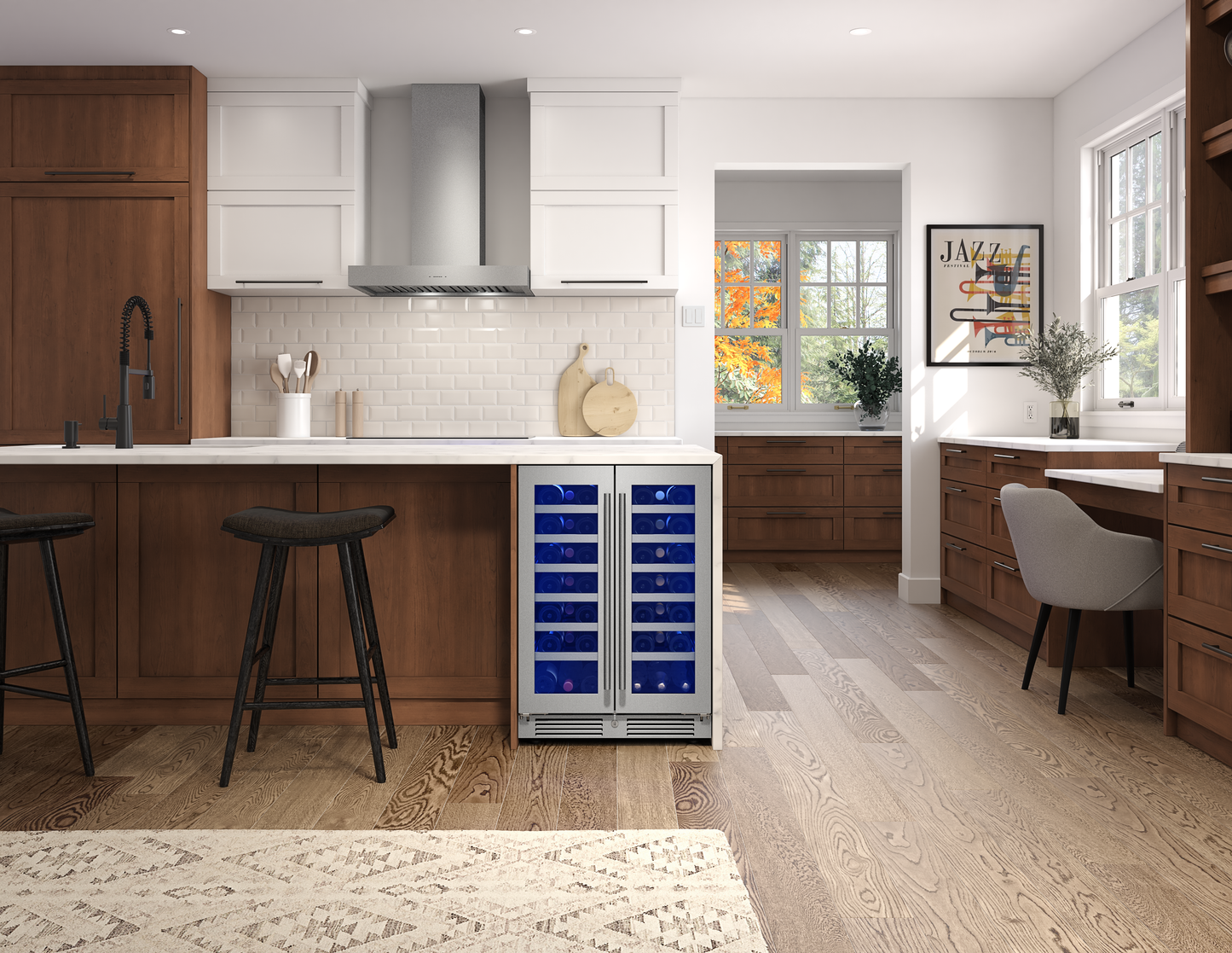 Dual-zone wine cooler with glass French doors integrated into wood kitchen cabinetry in modern kitchen setting