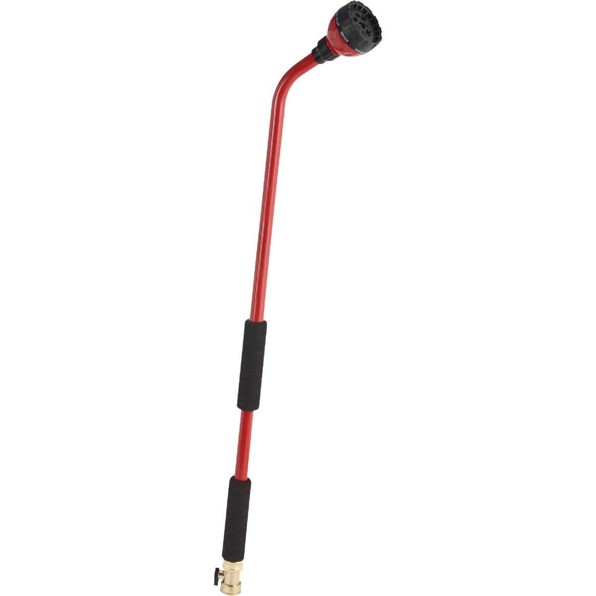 Red watering wand with dual foam grips and adjustable spray head for lawn and garden irrigation tasks