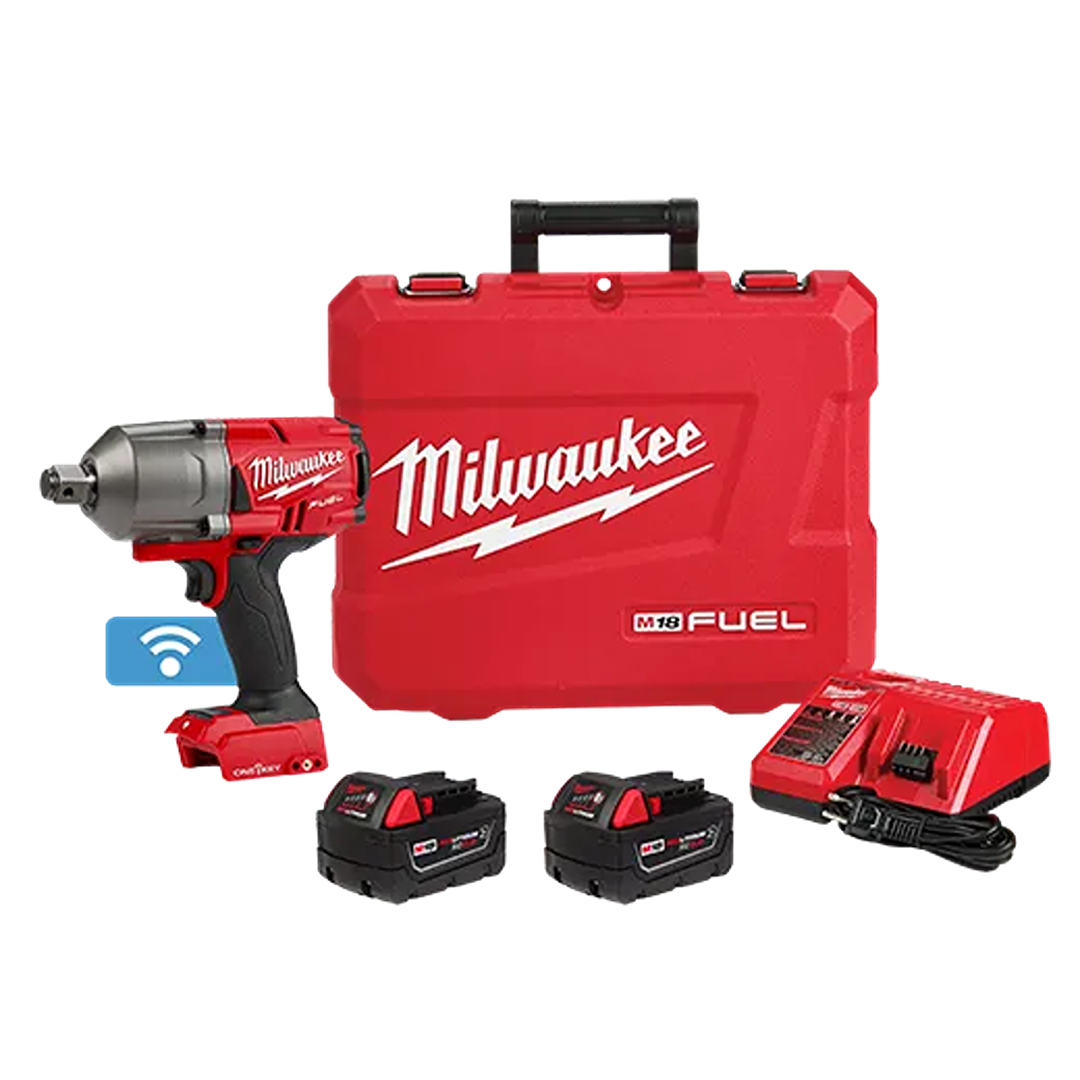 Red cordless high torque impact wrench with two batteries, charger, and branded carrying case for home improvement tasks