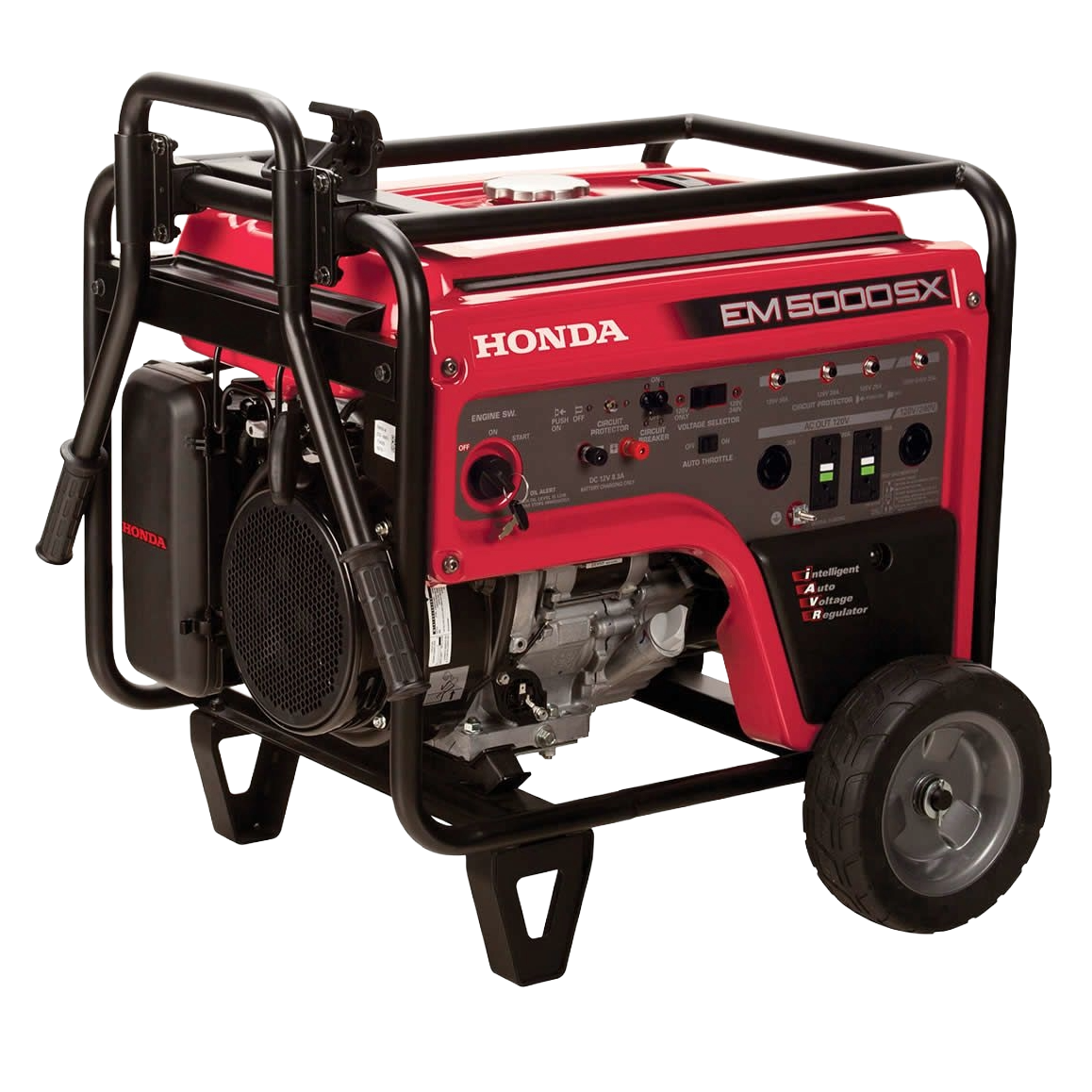 Portable red and black generator with steel frame and wheels, suitable for outdoor power and home improvement tasks
