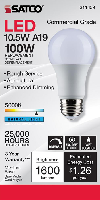 Satco commercial grade 10.5W A19 LED bulb with natural light, dimmable, medium base for agricultural lighting
