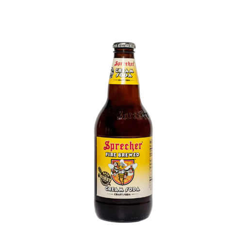 Brown glass bottle of Sprecher cream soda with yellow and white label from food and beverage drinks under $25 collection
