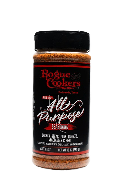 Black-lidded jar of reddish-brown all purpose seasoning blend for meats, vegetables, and fish in kitchen use