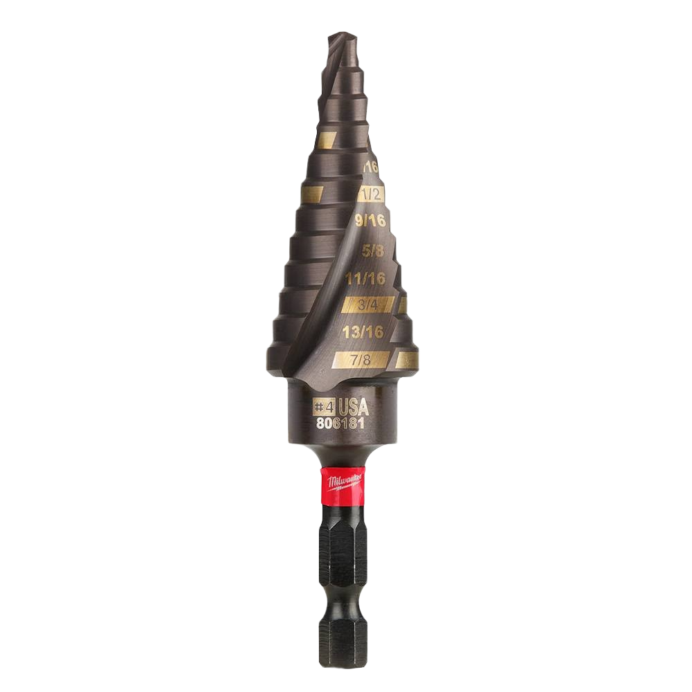 Multi-step metal drill bit with size markings for precise hole drilling in home improvement and tool applications