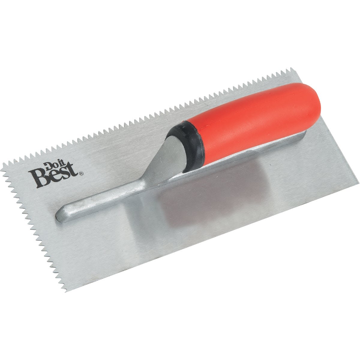 Rectangular notched trowel with red ergonomic handle and metal blade for home improvement and tools use