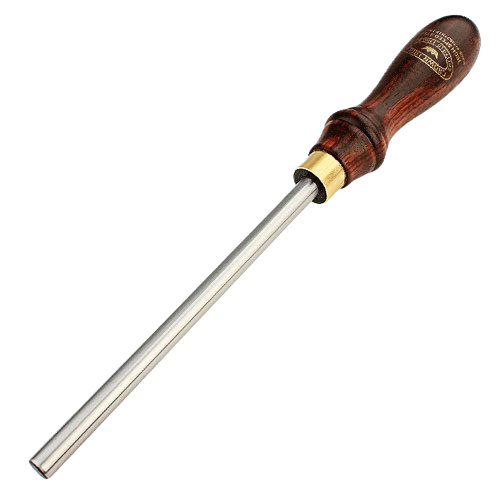 Woodworking burnisher tool with polished steel rod and dark wooden handle for tool accessories and home improvement collections