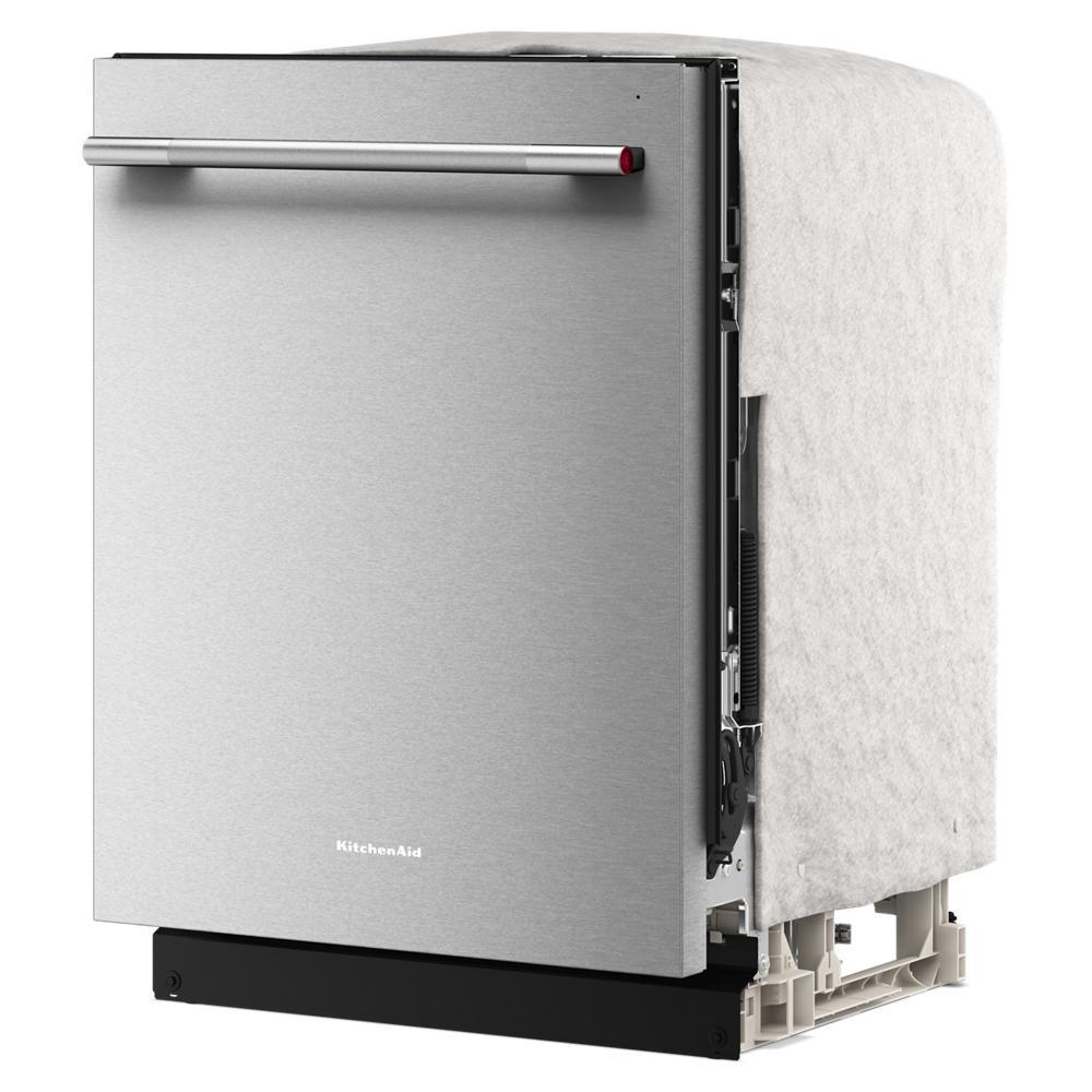 Stainless steel dishwasher with sound insulation blanket on side, designed for KitchenAid appliances collection.