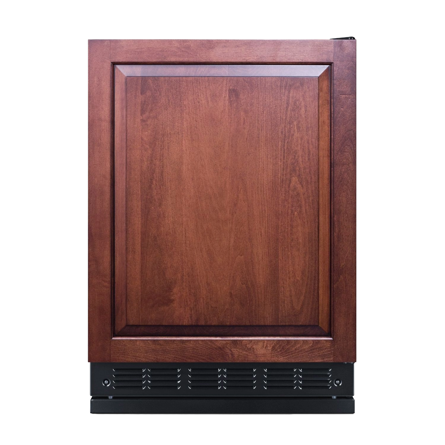 Undercounter refrigerator with wood panel front and black vent grille in kitchen appliances and cabinetry setting