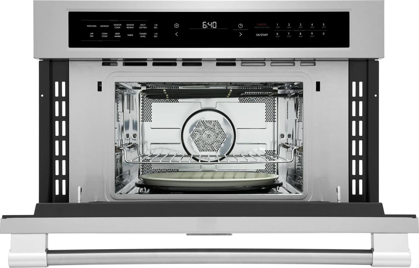 Built-in stainless steel convection microwave with air fry feature and digital touch controls in kitchen appliances collection