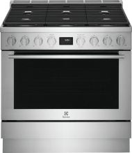 Stainless steel dual-fuel freestanding range with gas cooktop, electric oven, control knobs for kitchen appliances collections
