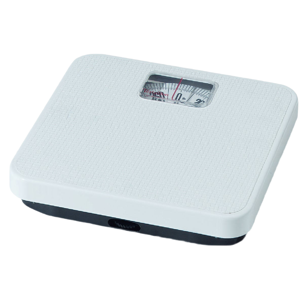 White mechanical analog bath scale with nonskid vinyl surface for bathroom and safety accessibility use under $50.