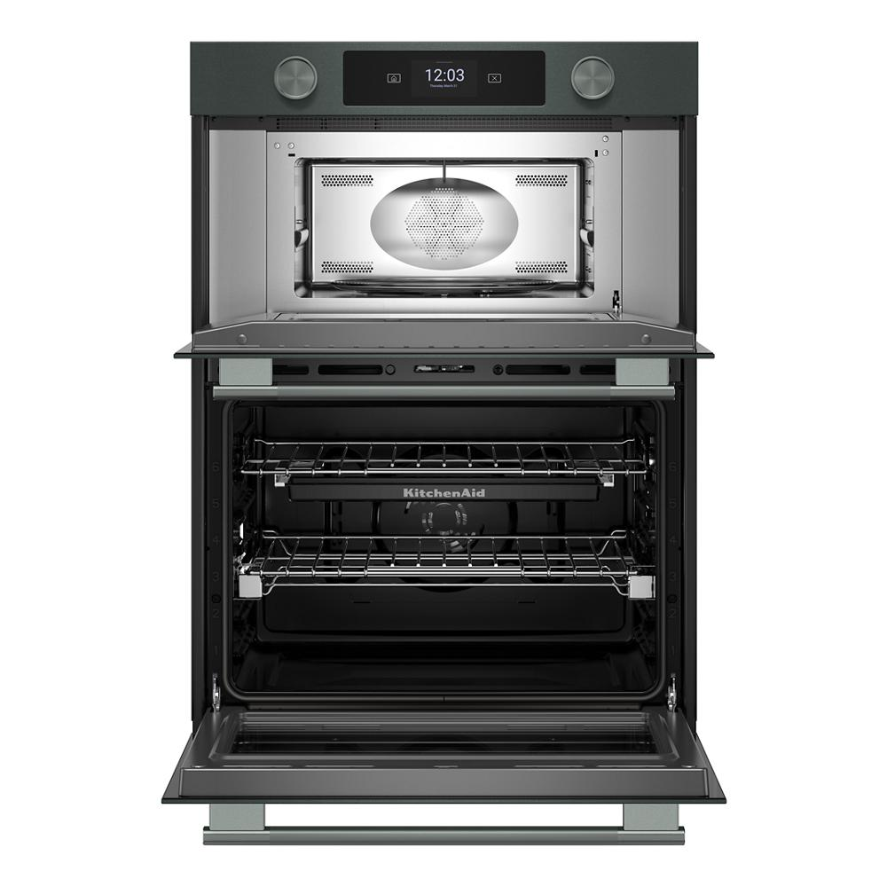 Open Juniper smart electric wall oven with LED display, multiple racks, and convection fan for KitchenAid appliances.