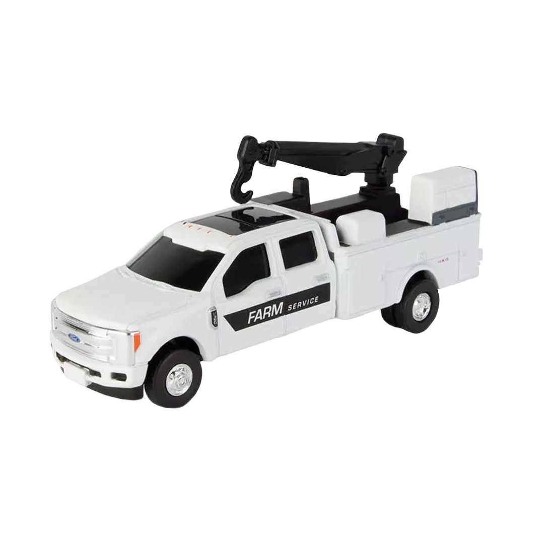 White farm service toy truck model with black crane arm and detailed utility compartments on sides