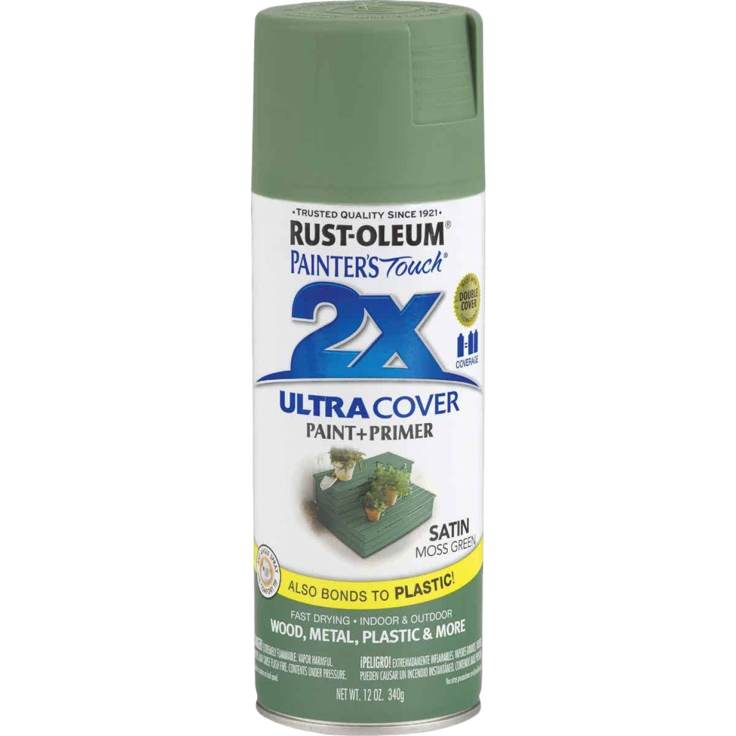 Rust-Oleum moss green satin spray paint and primer for indoor and outdoor home improvement projects under $50