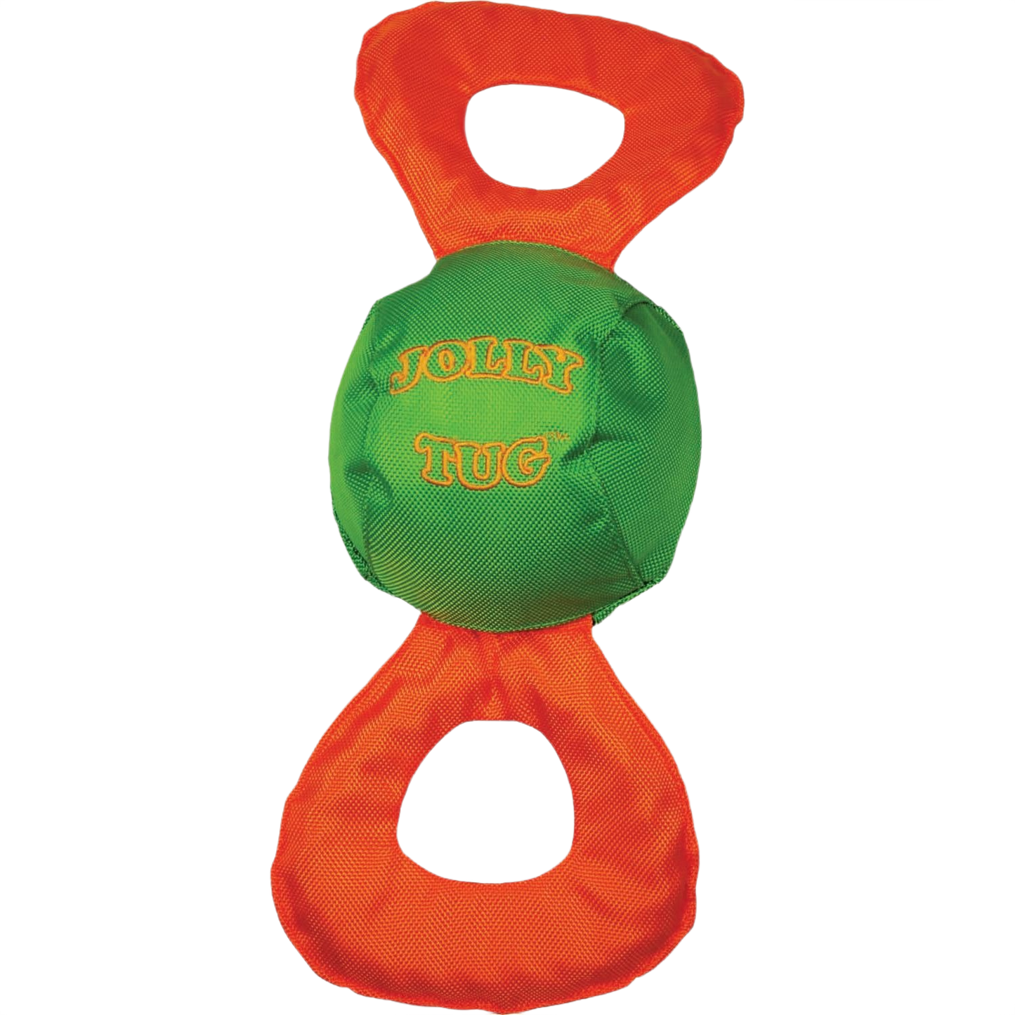 Durable green and orange tug dog toy with double handles and built-in squeaker for interactive pet play under $50 collections