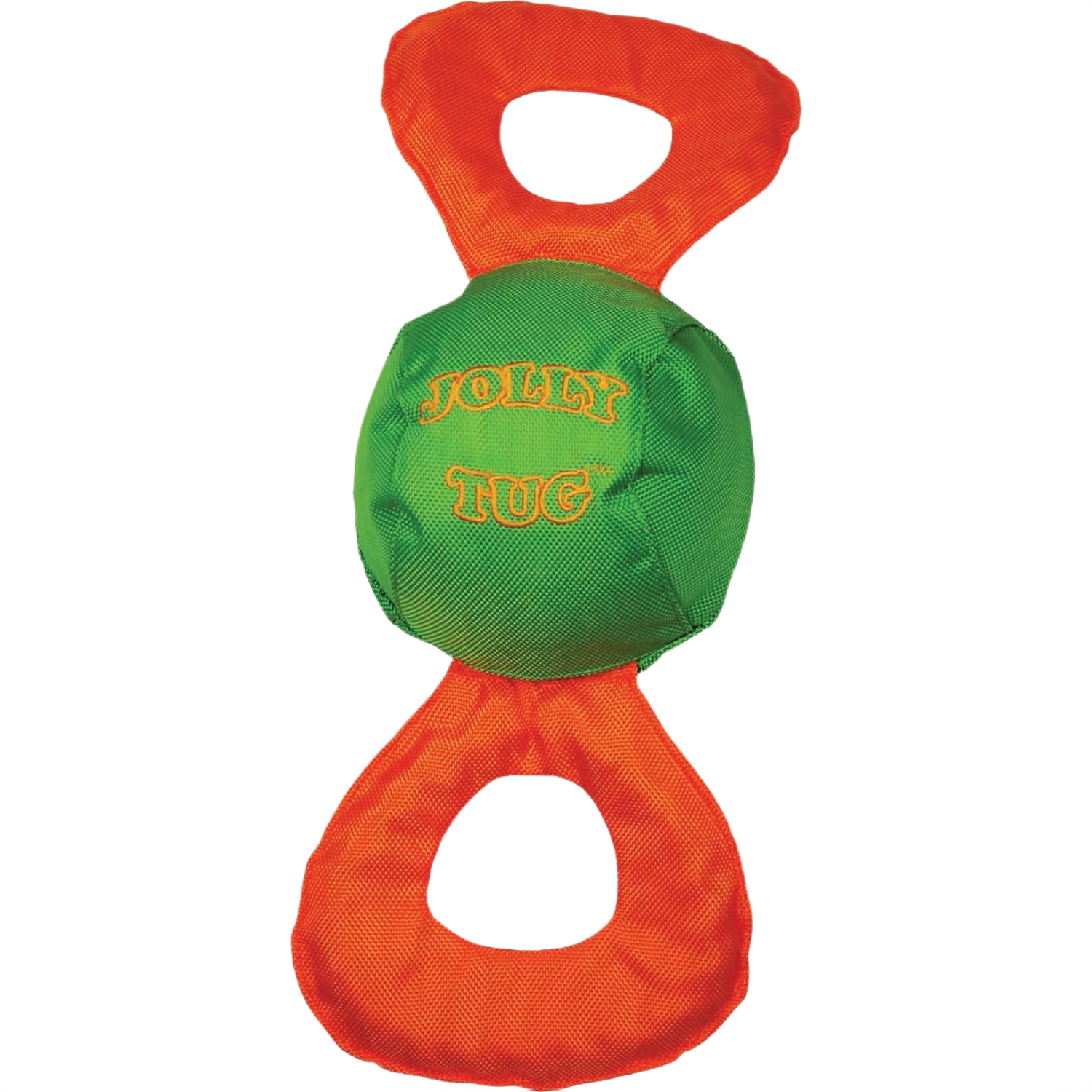 Durable green and orange tug dog toy with double handles and built-in squeaker for interactive pet play under $50 collections
