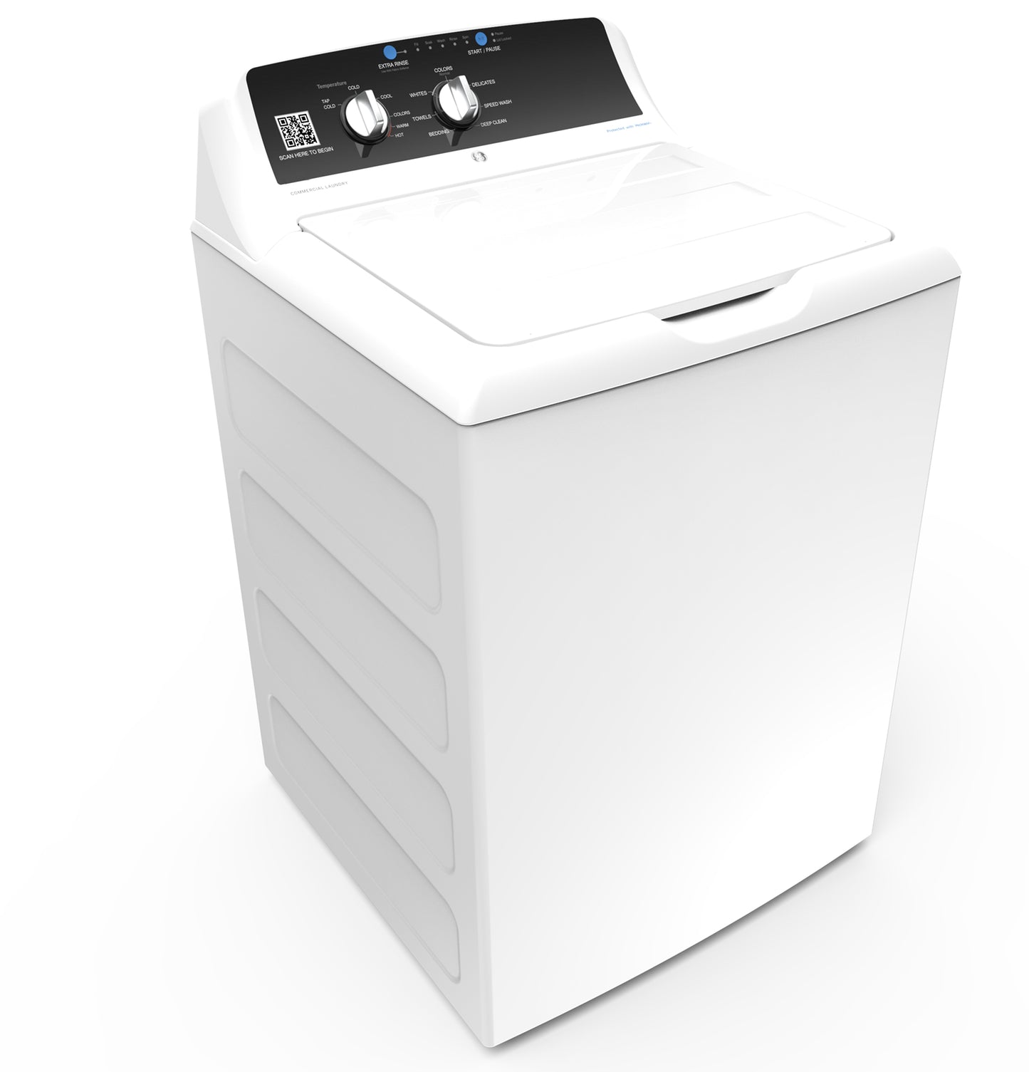 White commercial top load washer with stainless steel basket and digital control panel from washers and appliances collections