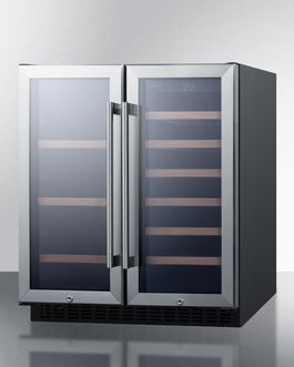 30-inch built-in beverage center with twin stainless steel framed tinted glass doors and wooden shelves in appliances collection