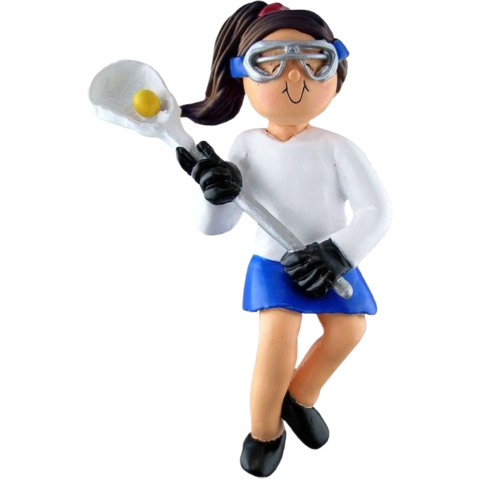 Handcrafted female lacrosse player ornament in white and blue for Christmas tree decorations under $50 collection