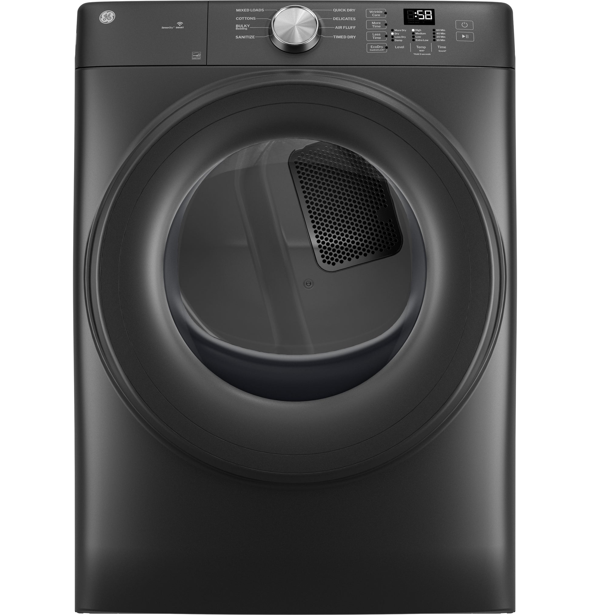 Black smart front load electric dryer with digital display and control knob, part of washers and dryers appliances collection