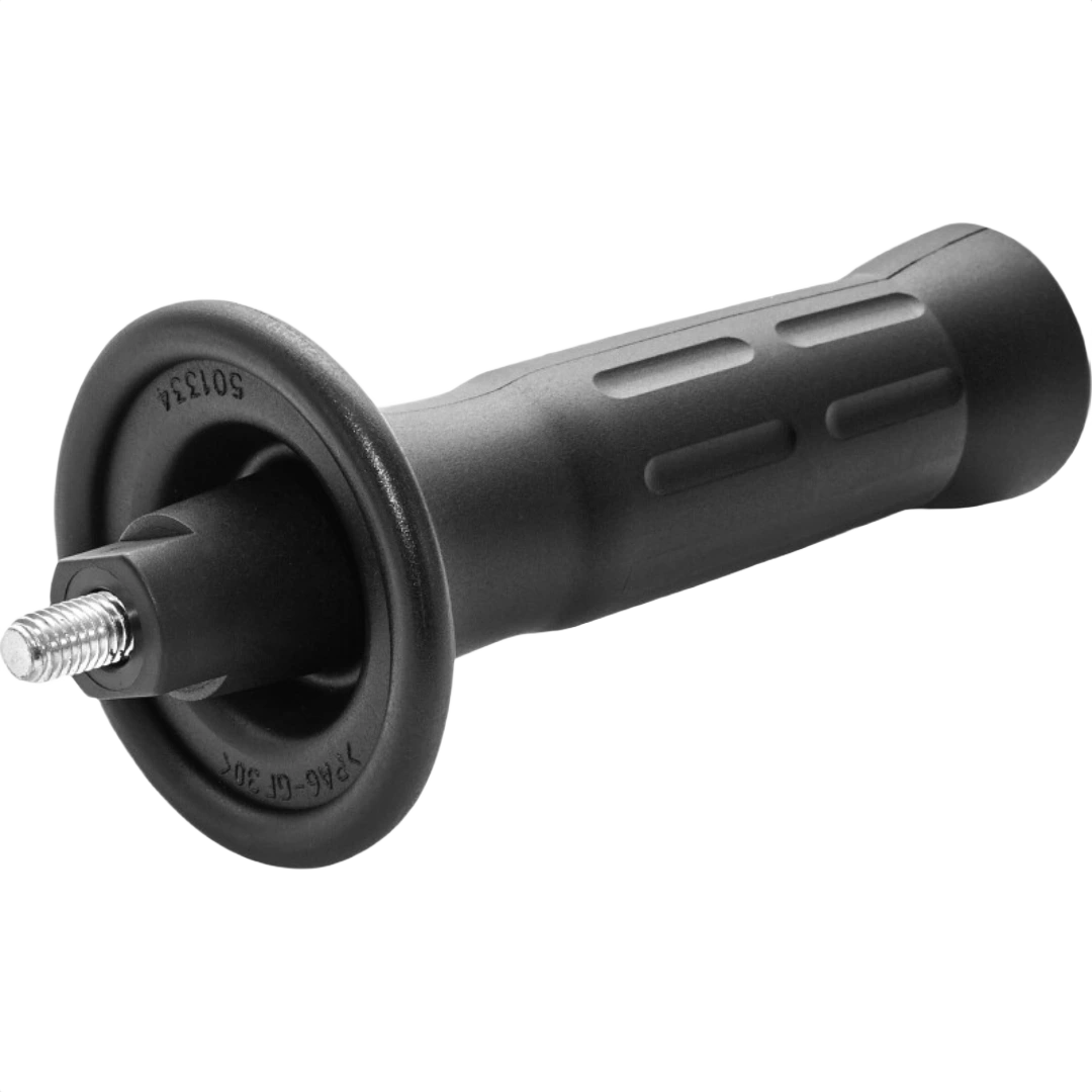 Black auxiliary side handle with threaded metal attachment for improved grip on power sanding tools in tool accessories collection