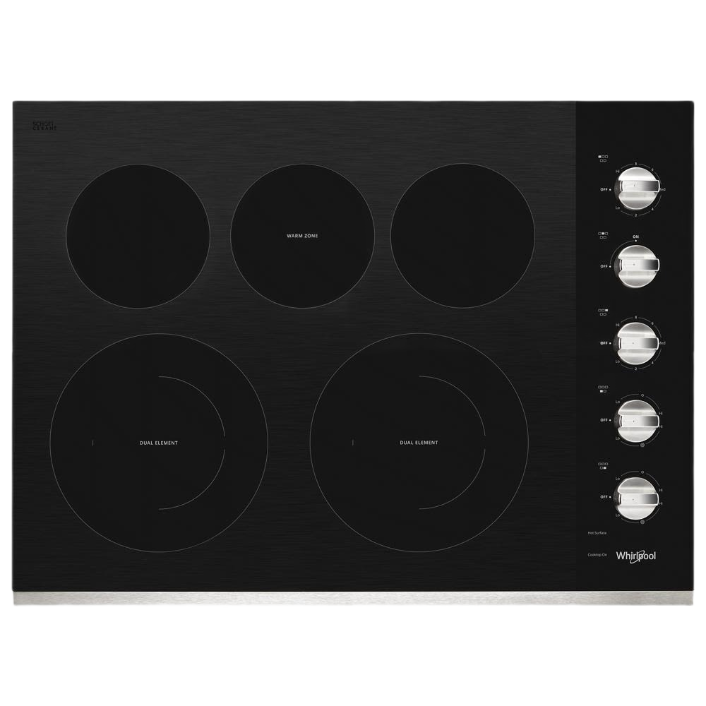 30-inch black electric ceramic cooktop with five burners and control knobs from electric cooktops collection