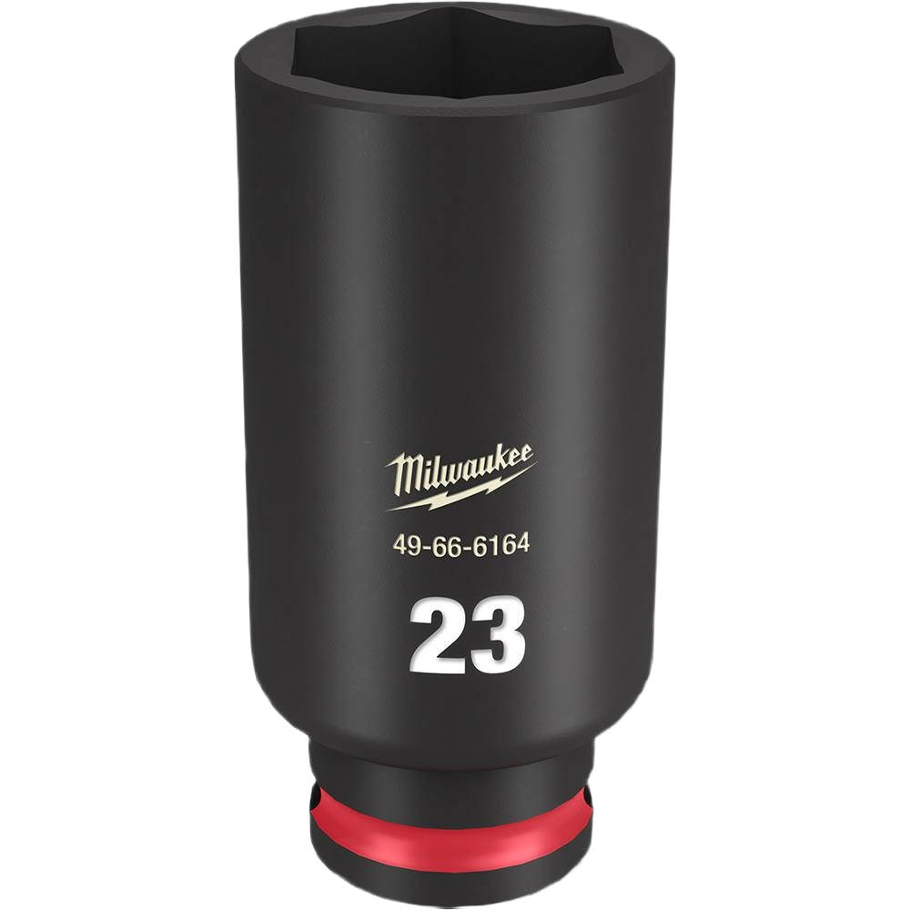 Black forged steel 23mm deep six-point socket with non-slip hex design for Milwaukee hand tools and home improvement use