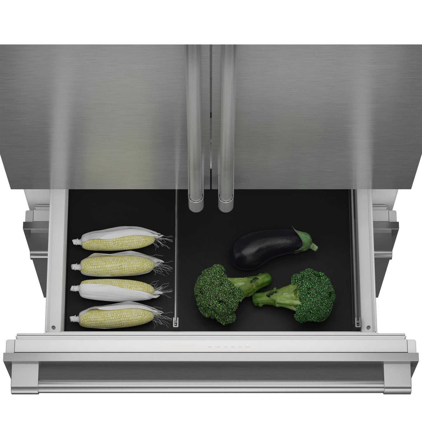 Open bottom freezer drawer with fresh vegetables including corn, broccoli, and eggplant in premium integrated refrigerator
