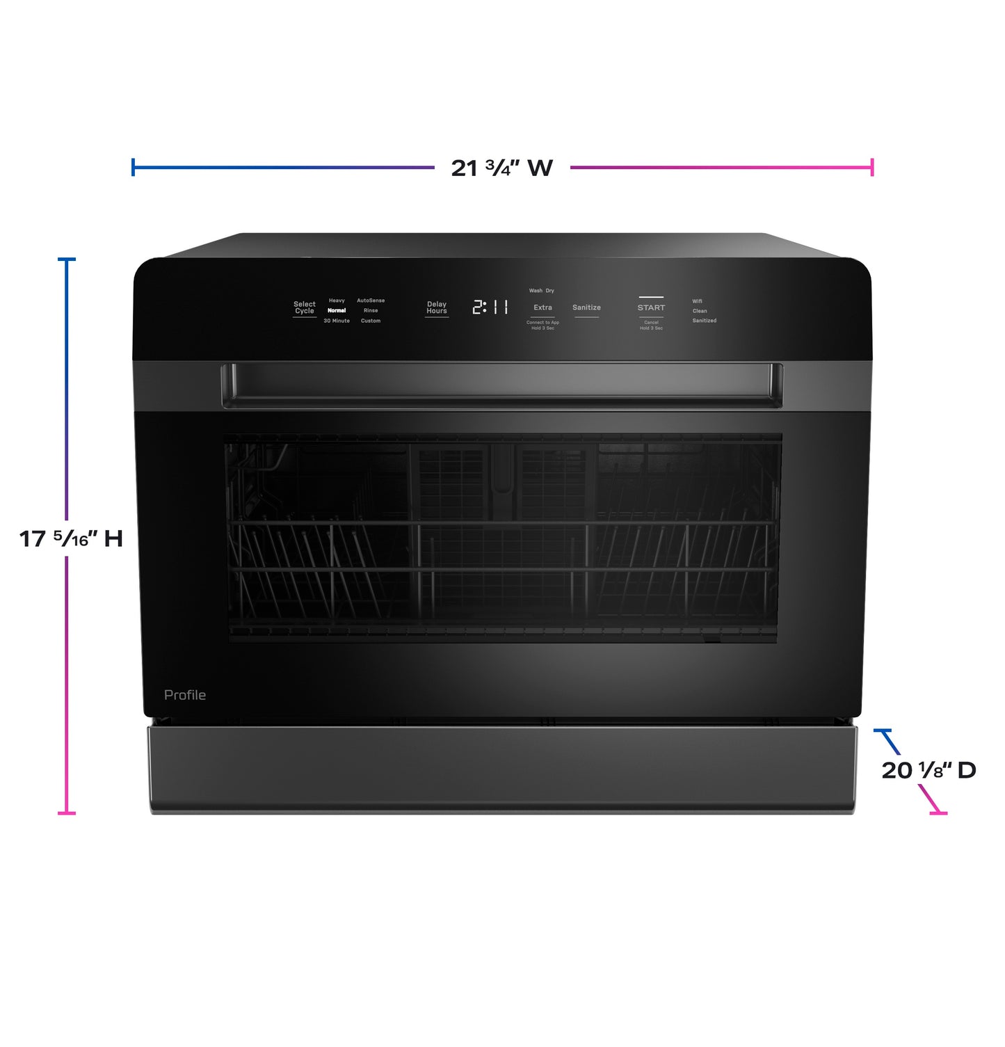 Black compact smart dishwasher with digital display, control panel, and wire racks in modern kitchen appliance setting