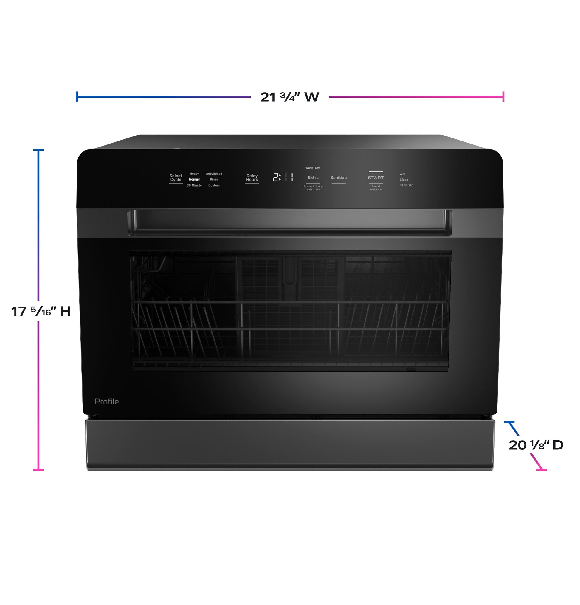 Black compact smart dishwasher with digital display, control panel, and wire racks in modern kitchen appliance setting