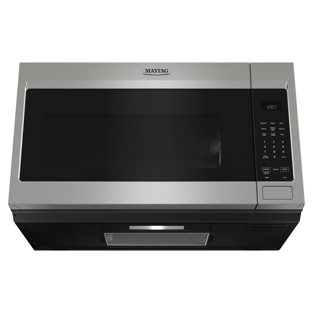 Top-down view of stainless steel over-the-range microwave with digital control panel in Microwaves and Appliances collections