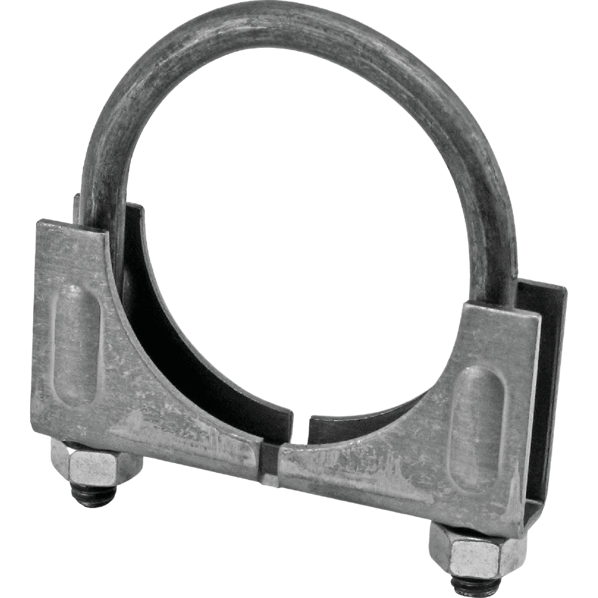 Heavy-duty 13-gauge steel muffler clamp with saddle design and hex bolts for secure automotive exhaust repair and home improvement use