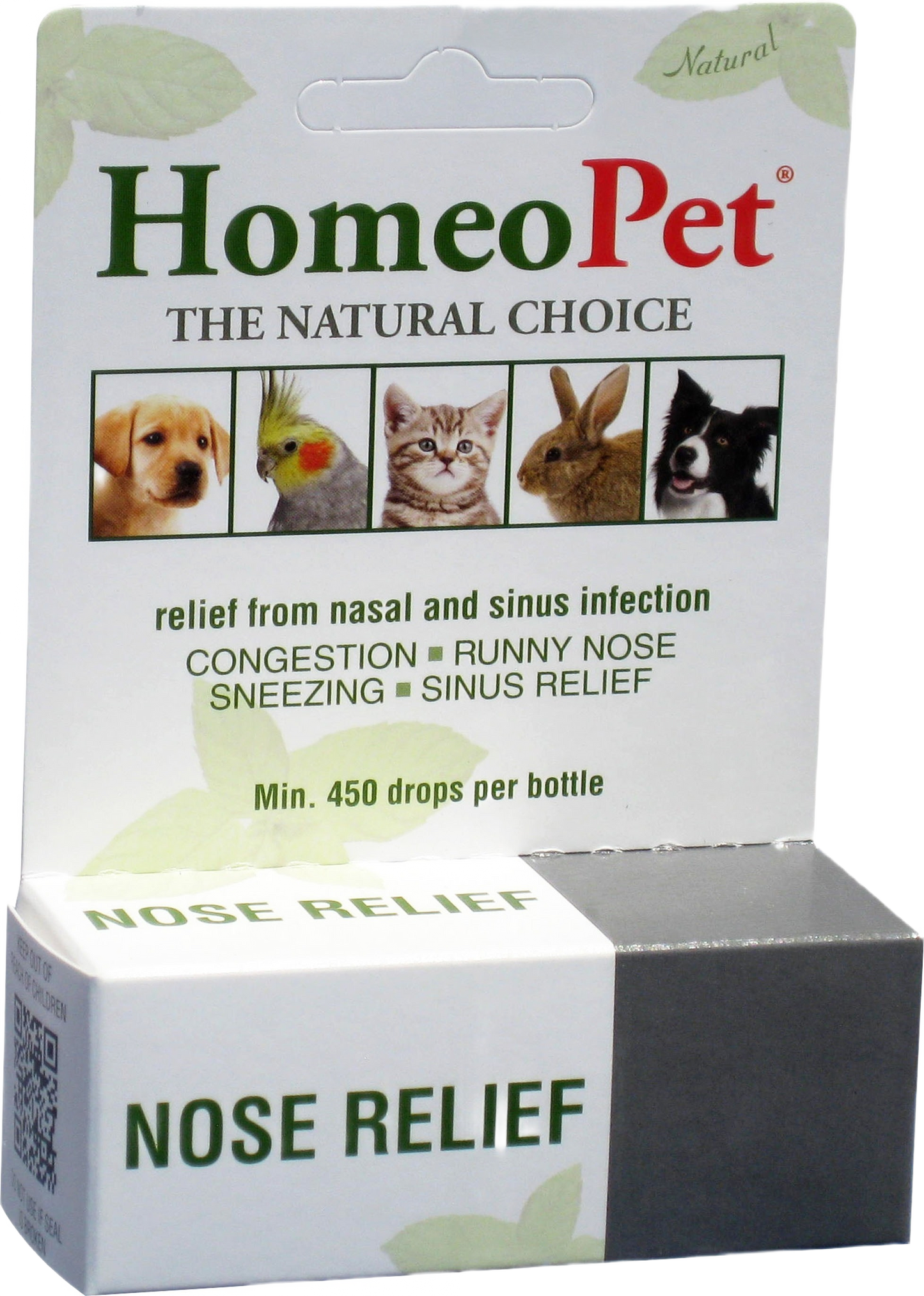 Packaging for natural nasal and sinus relief drops for pets, featuring images of various animals on the label